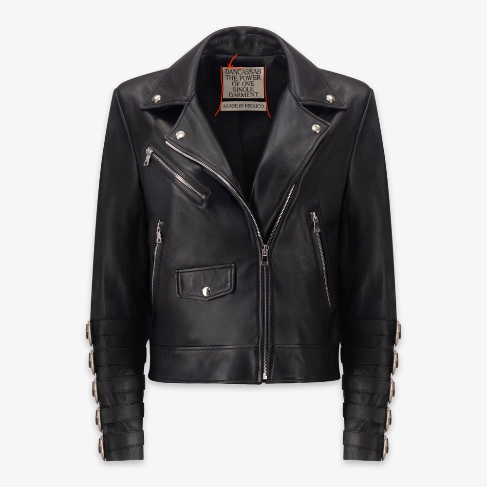Black leather jacket with brand label on a white background
