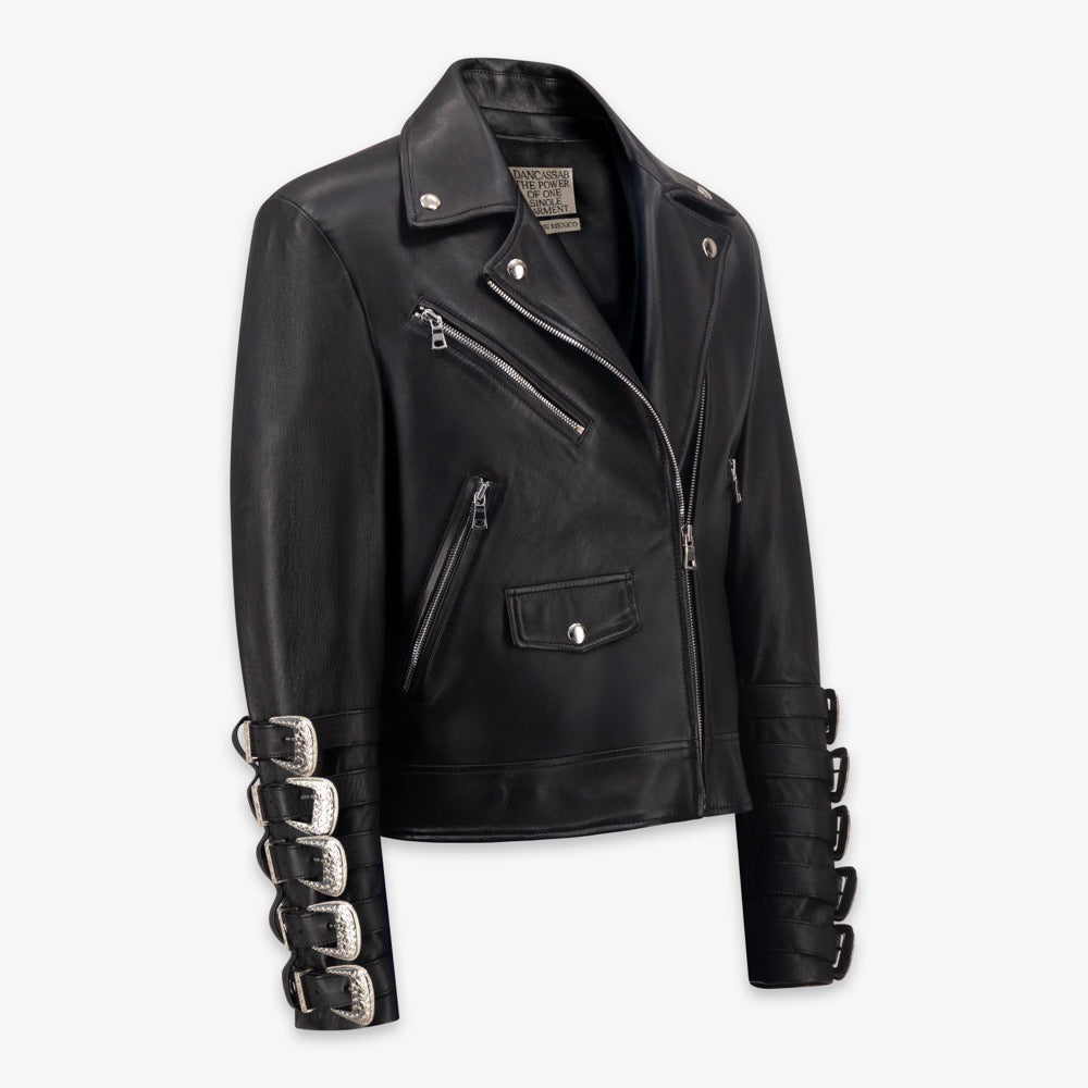 Black leather jacket with silver accents on a white background