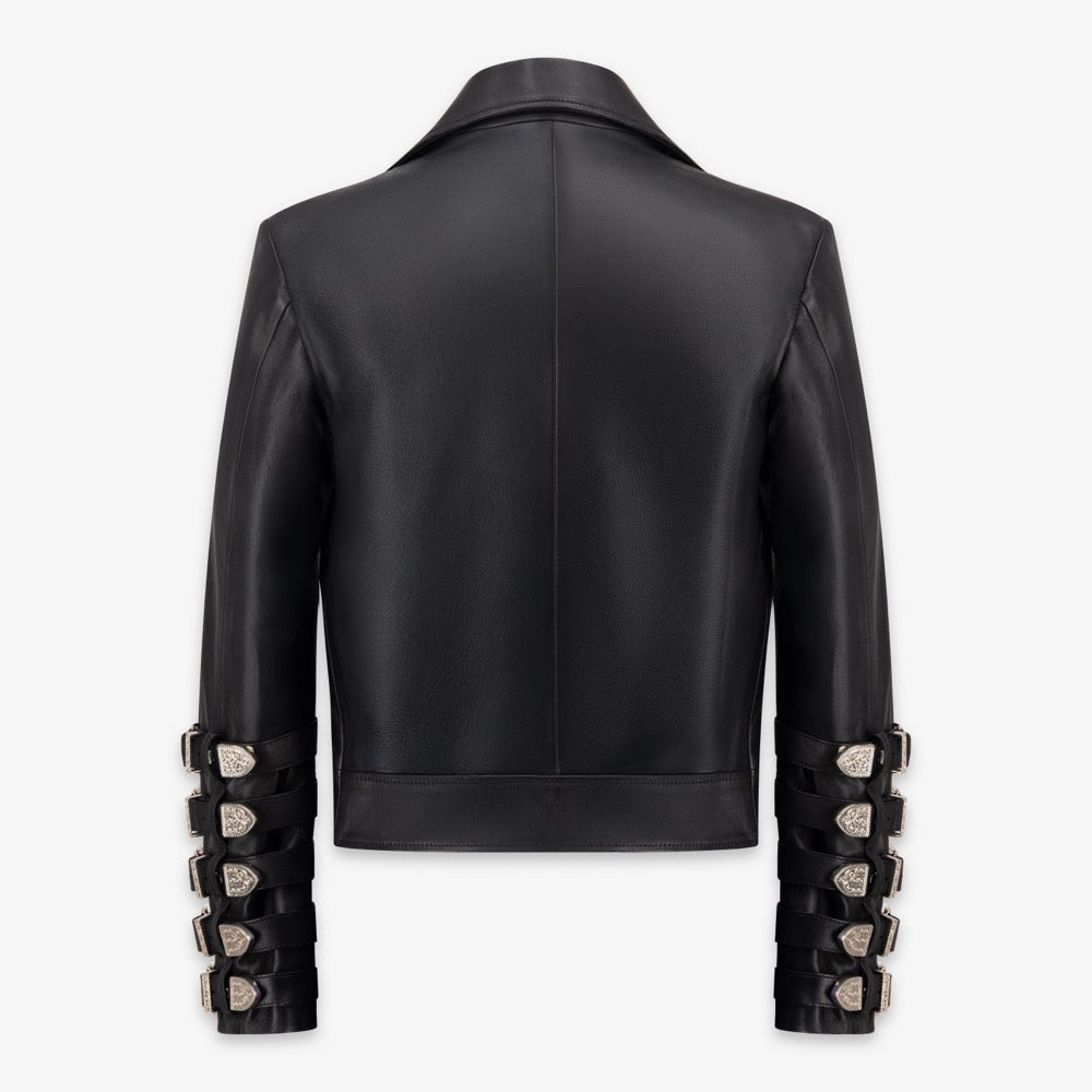 Black leather jacket with unique sleeve designs on a white background