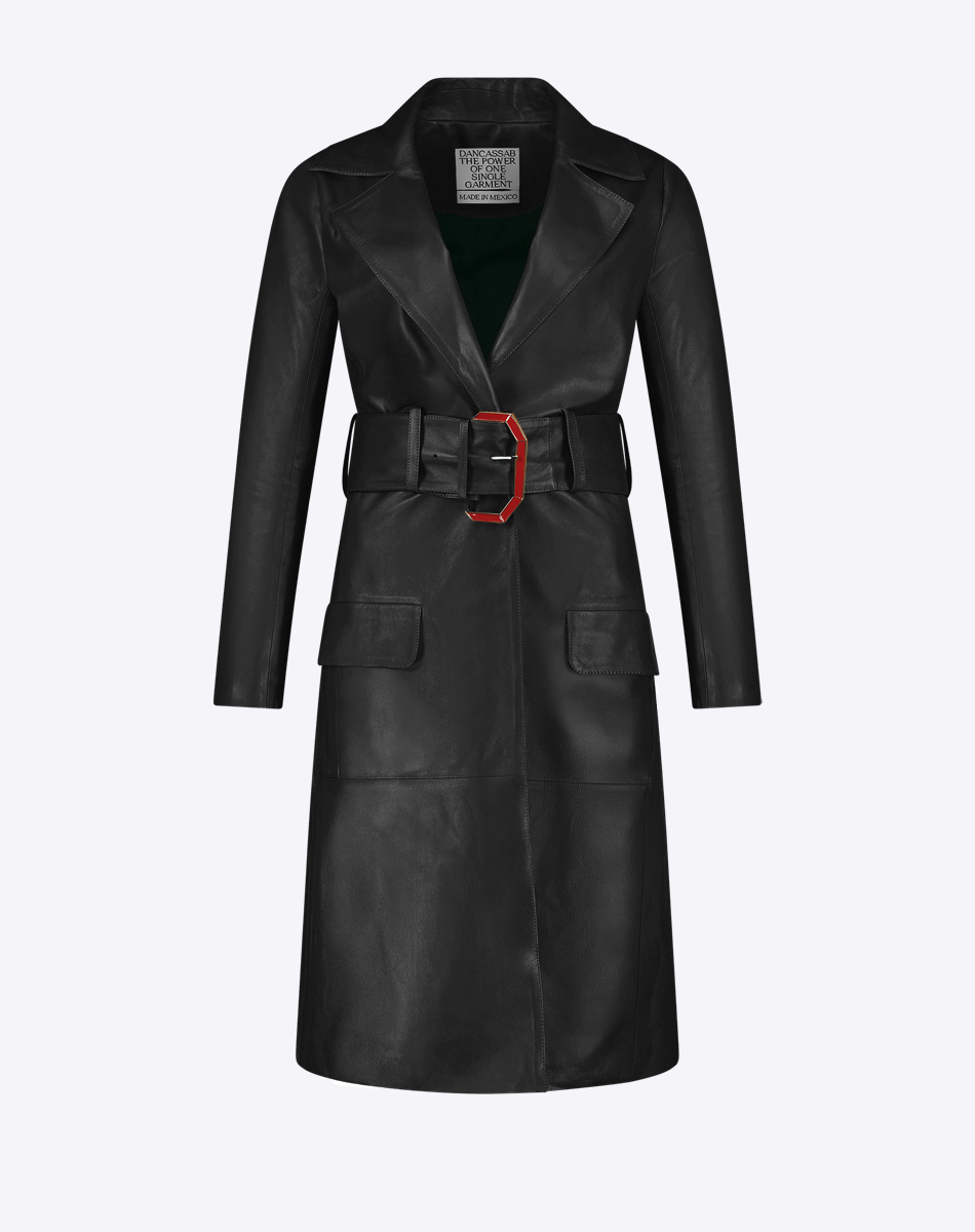 Black leather coat with a red belt on a white background