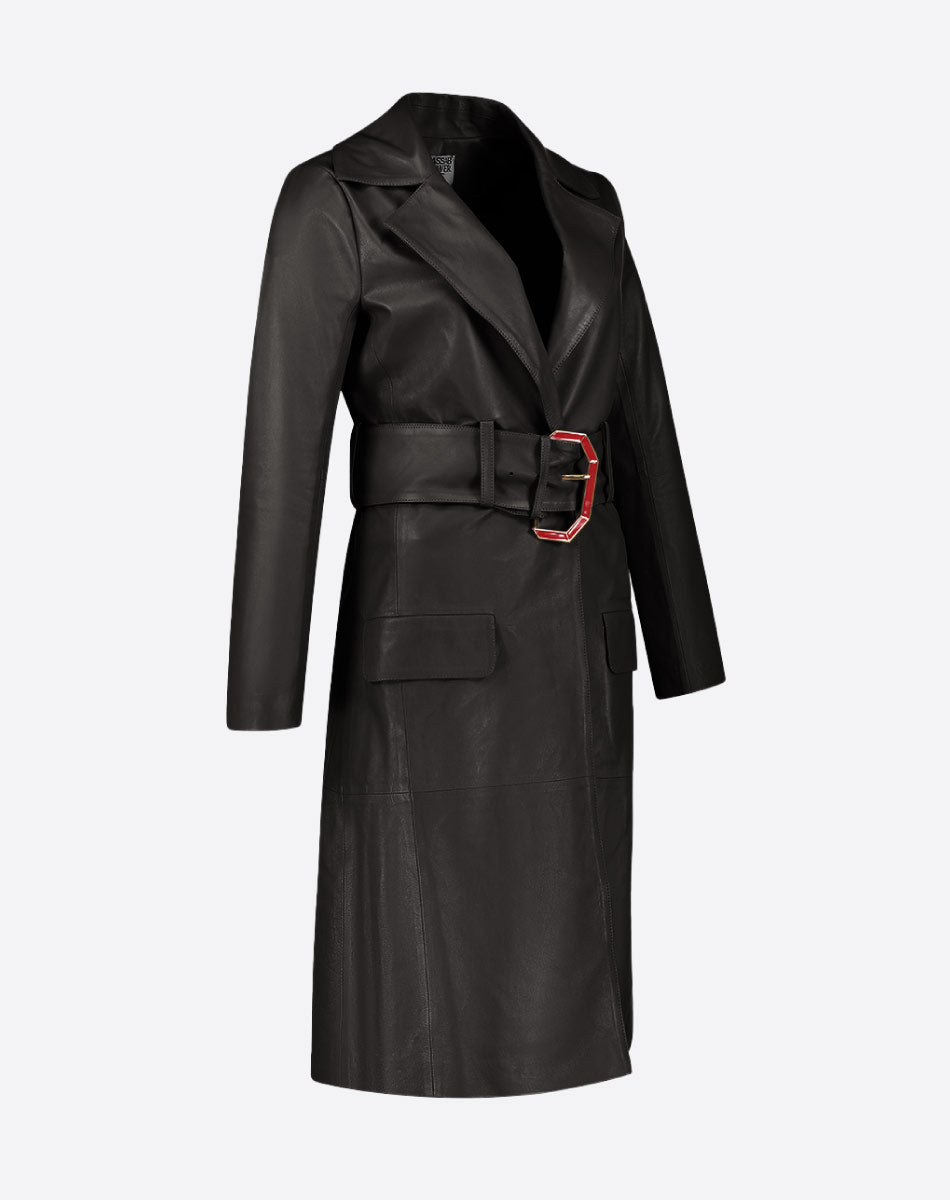 Black leather coat with a red buckle on a white background