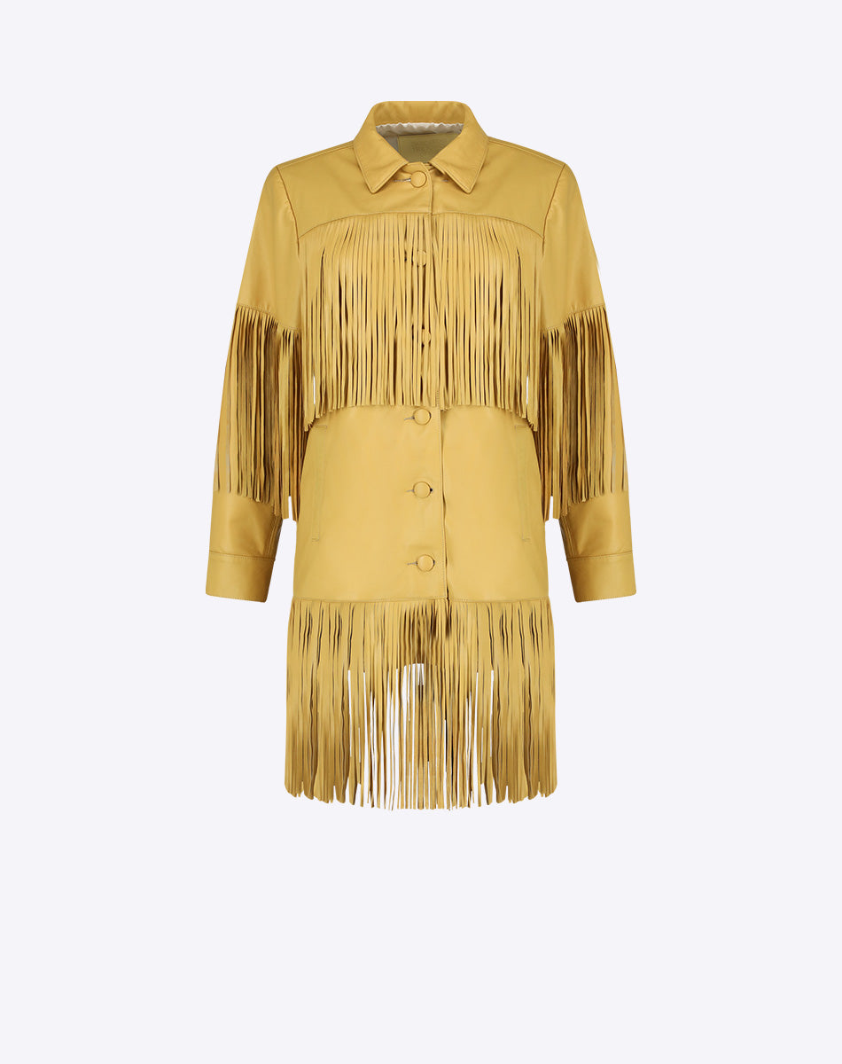 Reina Leather Coat with Fringes