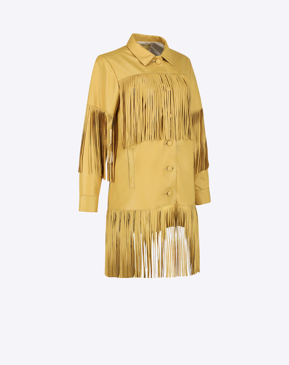 Reina Leather Coat with Fringes